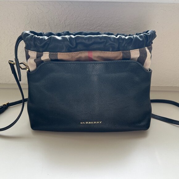 Burberry Handbags - Burberry Peyton Navy Leather House Check Drawstring Crossbody